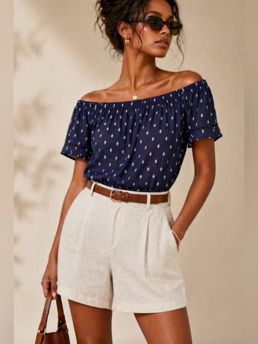 Navy Printed Peasant Blouse Boho Off-Shoulder Top, Size M